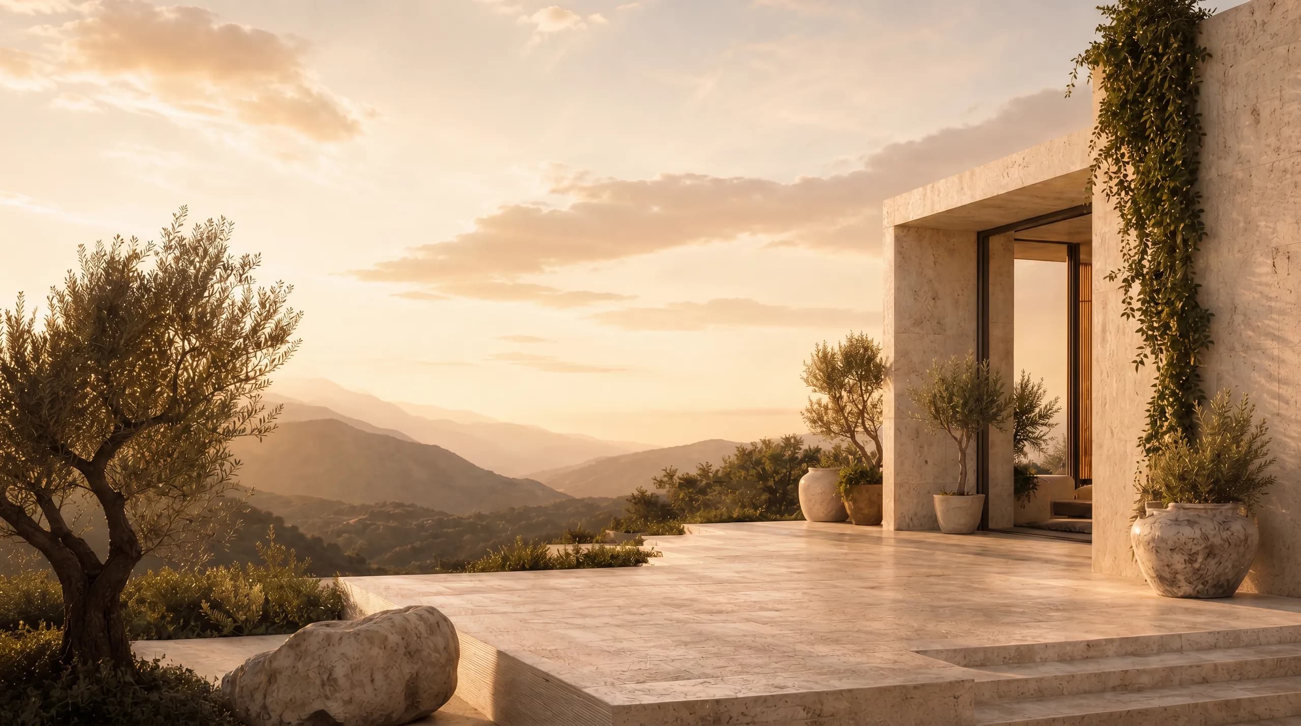 A modern travertine villa terrace at golden hour overlooking misty mountains and olive trees