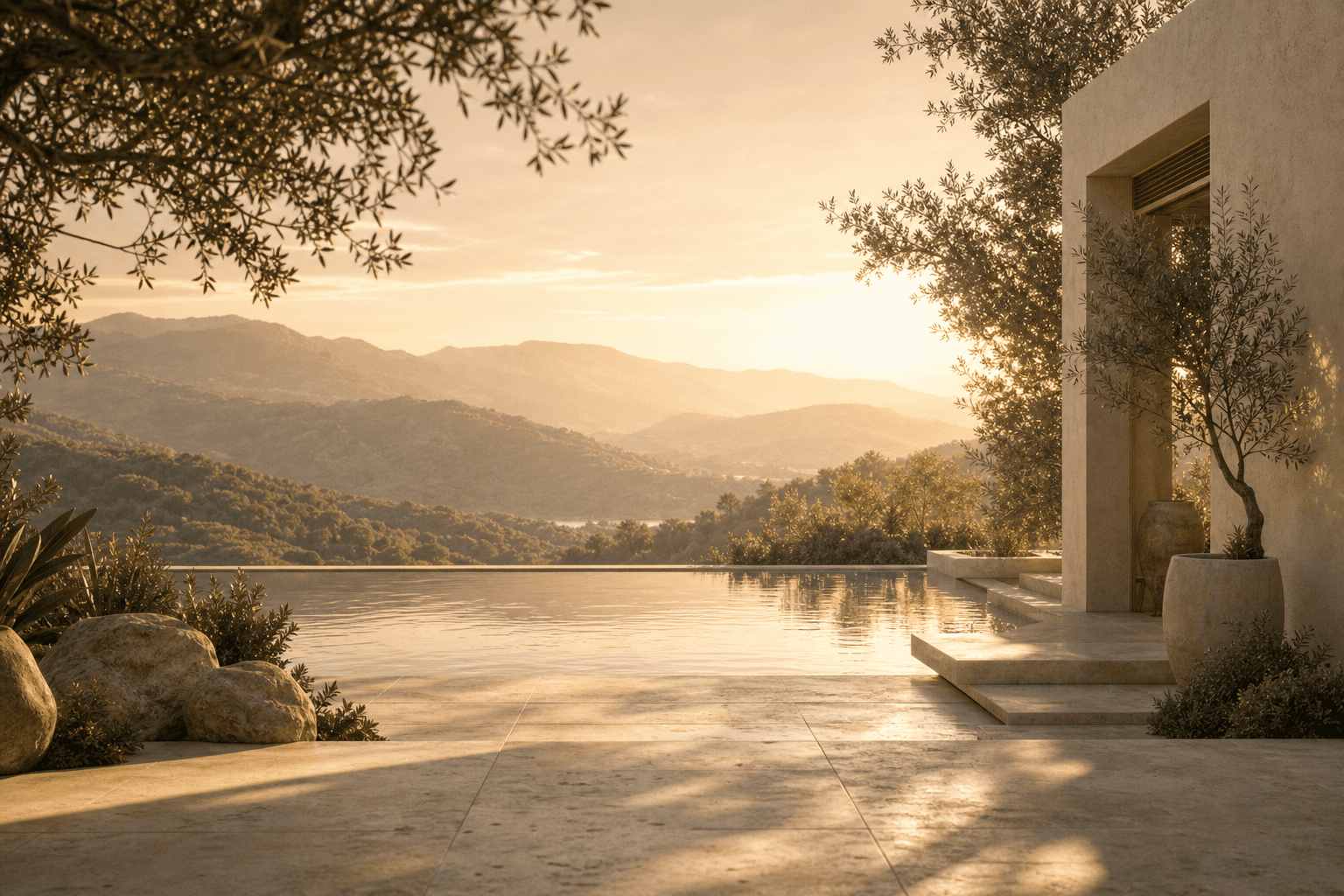 A still infinity pool on a travertine terrace at golden hour overlooking a mountain valley