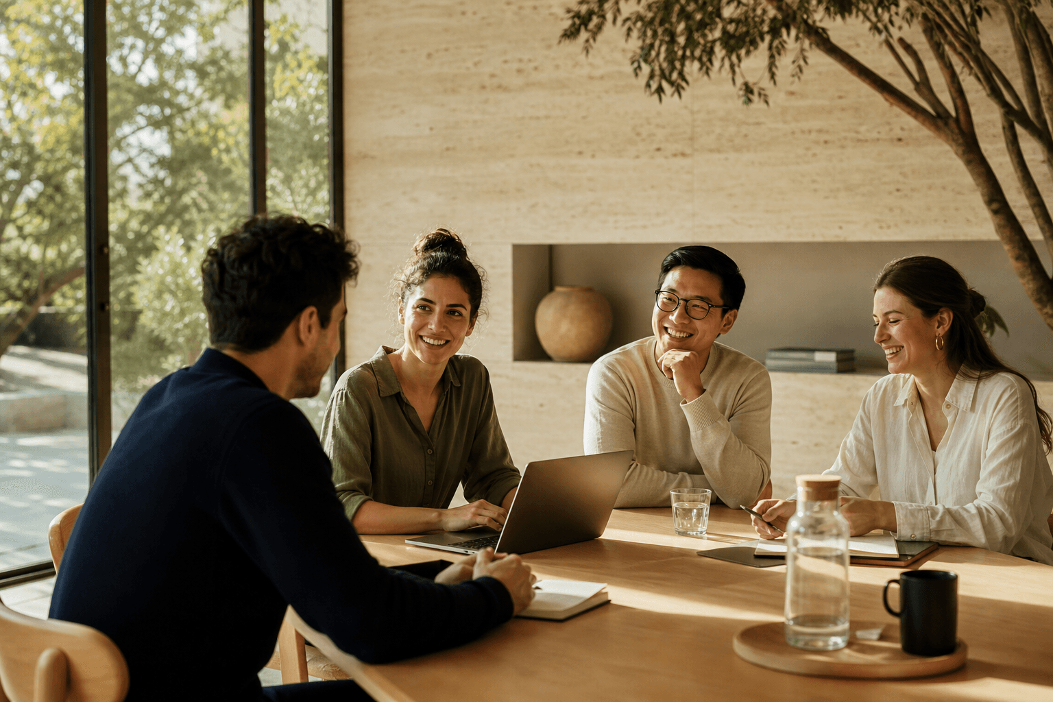 The Ora team in conversation around a table in a light-filled workspace