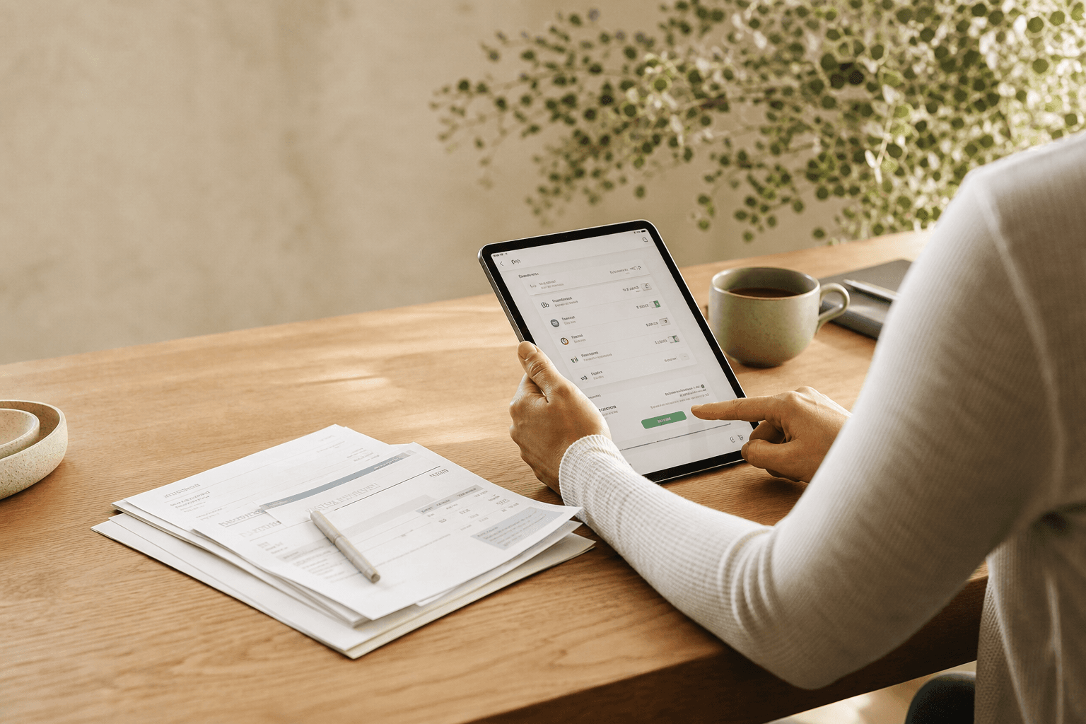 Reviewing and approving bills on a tablet at a warm desk