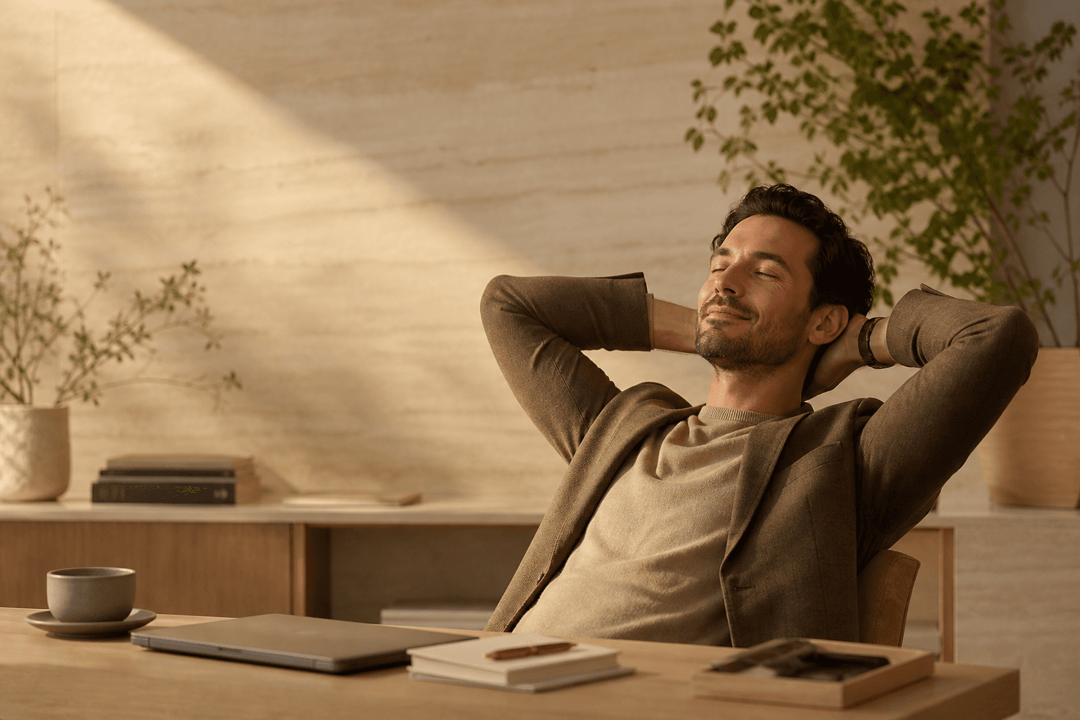 A finance professional relaxed at a tidy desk in golden afternoon light