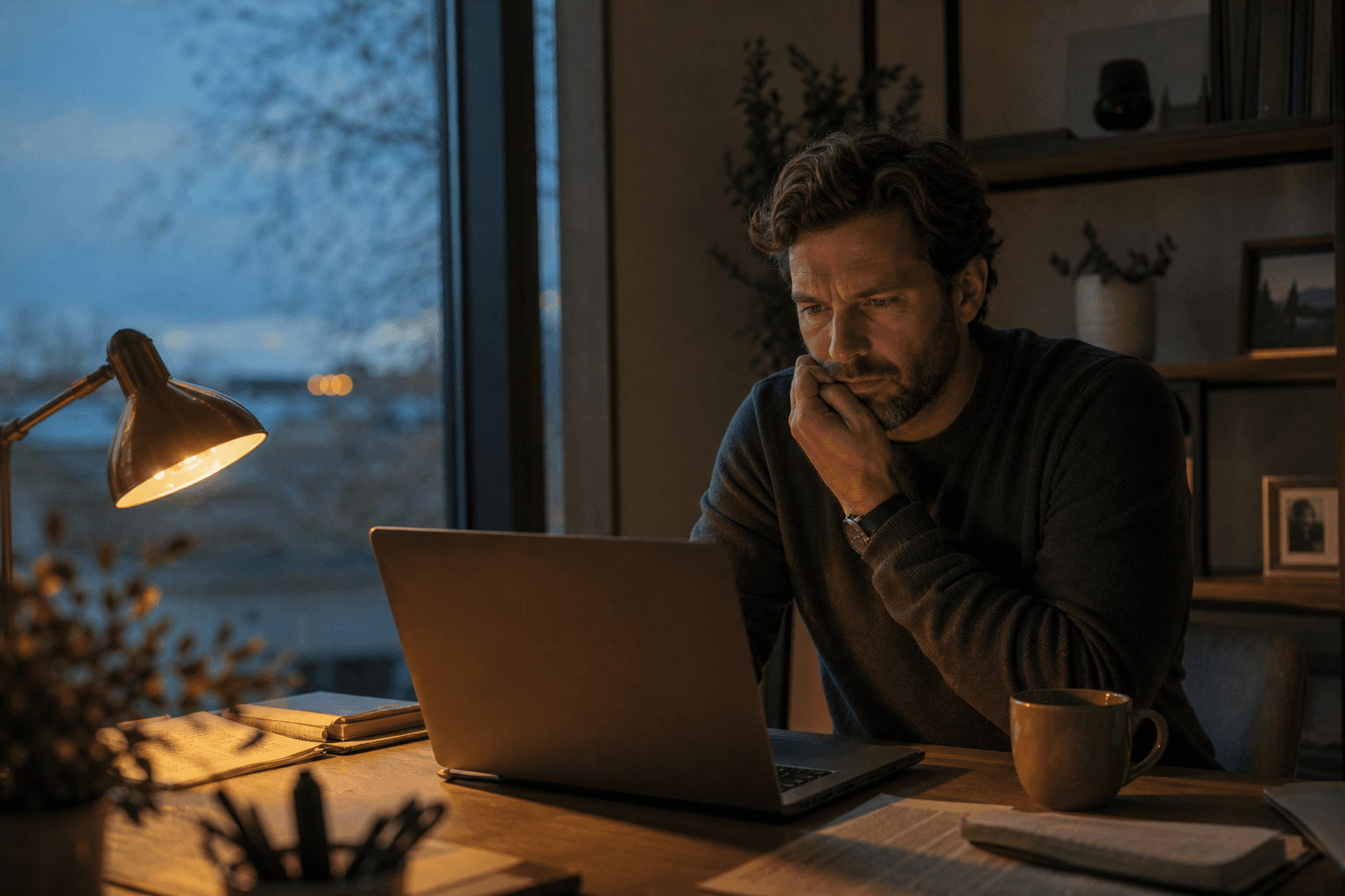 An operator reviewing day-old numbers by lamplight at dusk