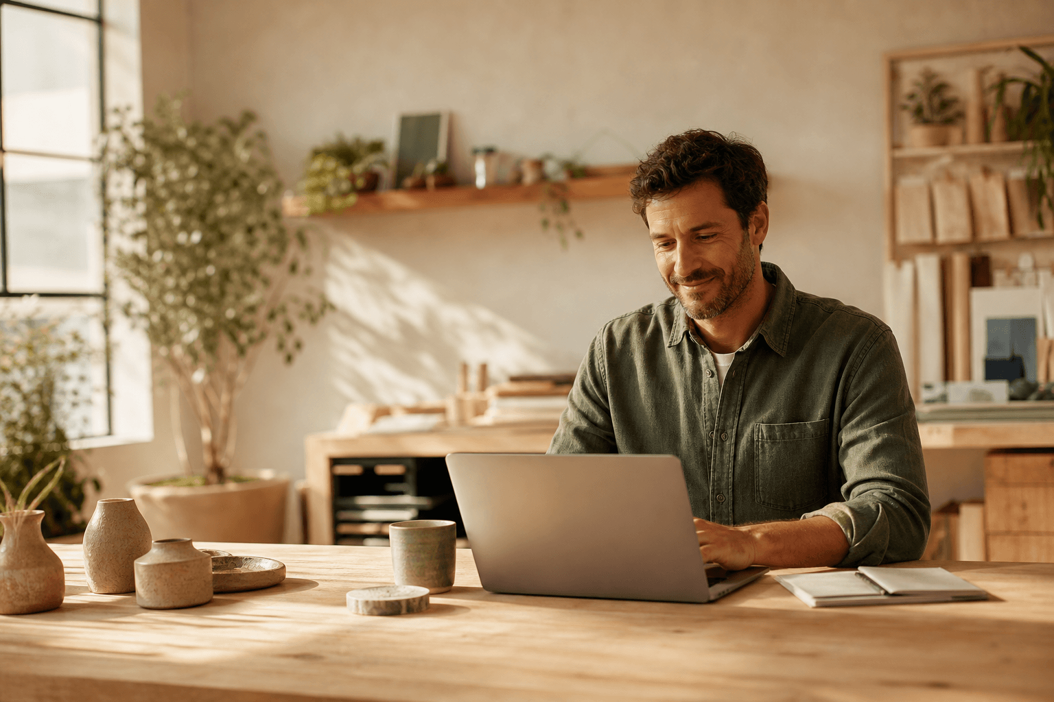 A small-business owner sending invoices from a sunlit studio
