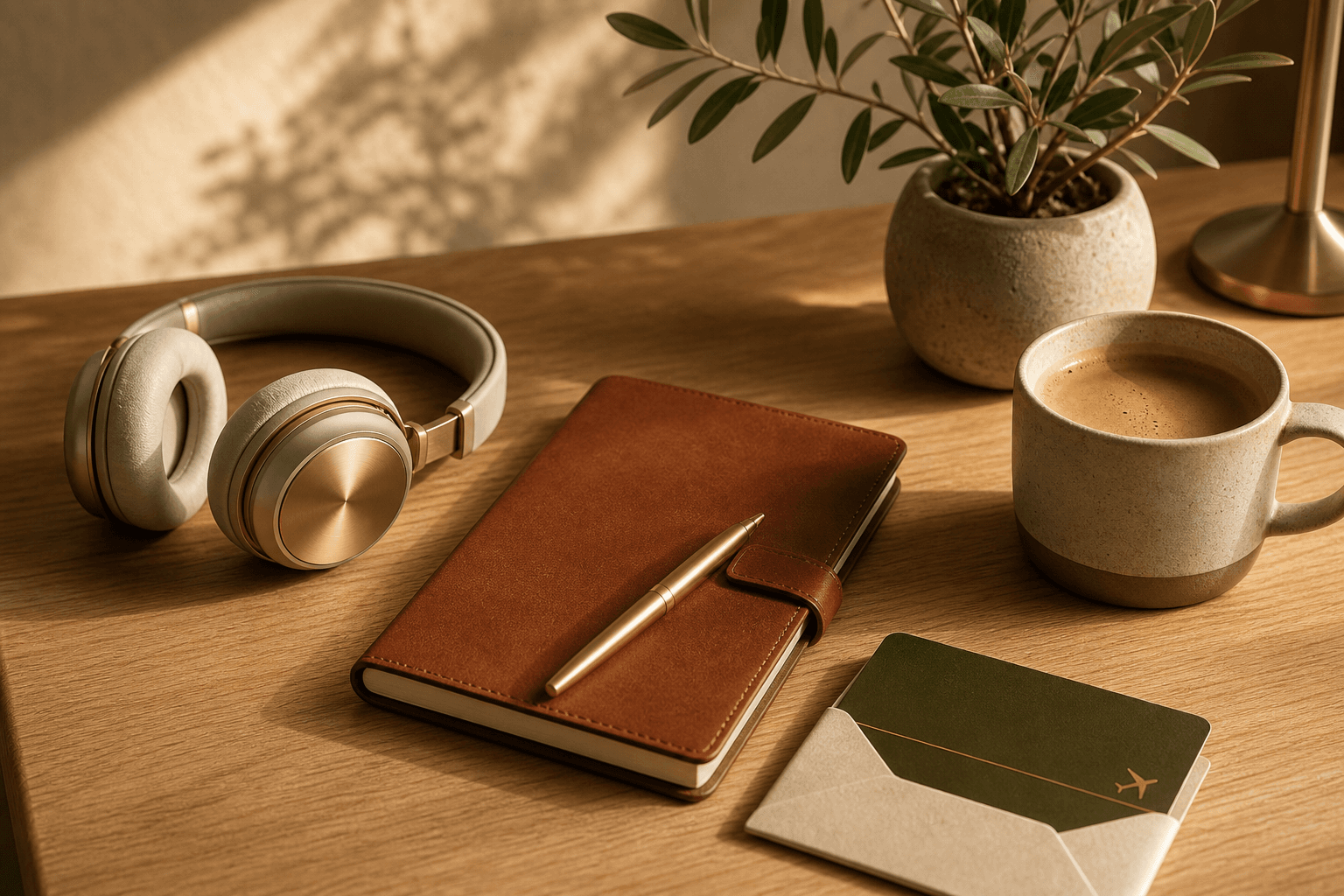 A curated set of premium partner perks arranged on a warm desk