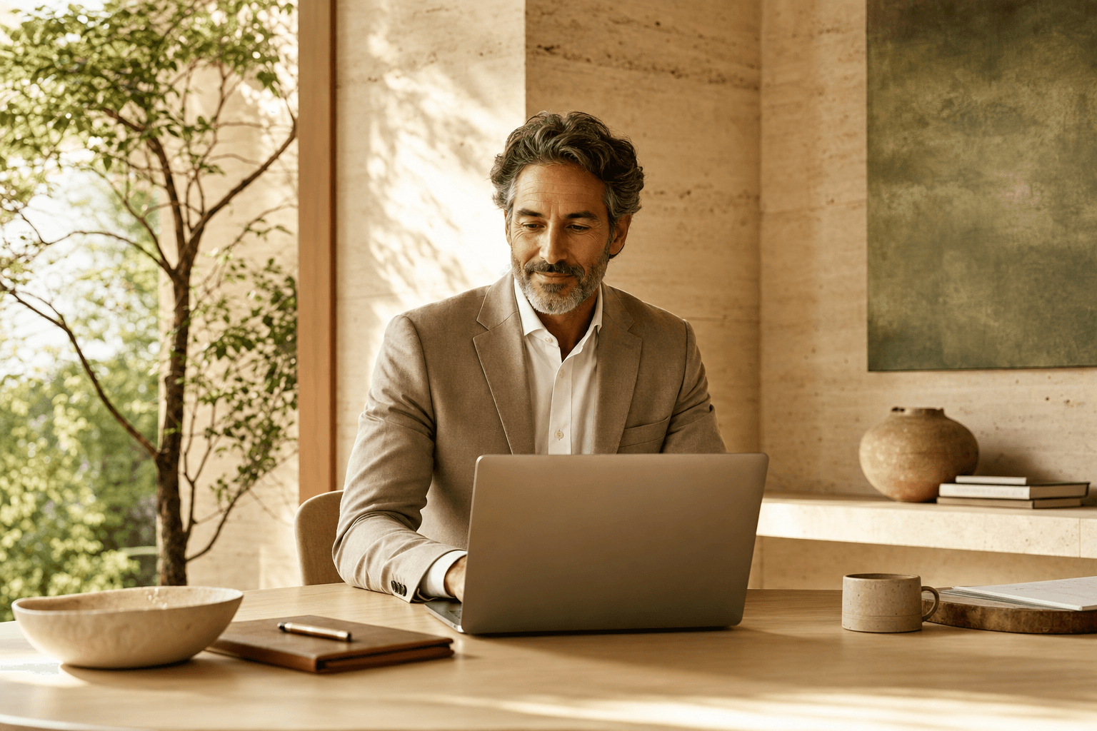 An operator making a confident, clear decision at a sunlit desk