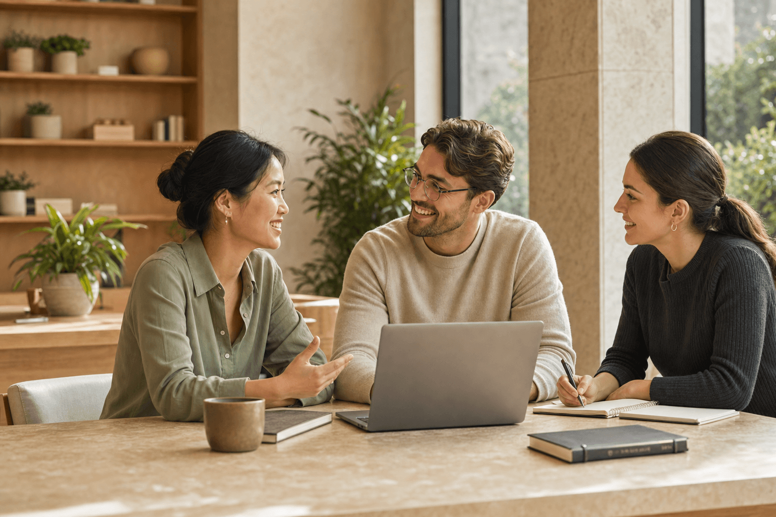A finance lead and teammates reviewing approval policies together in a sunlit office