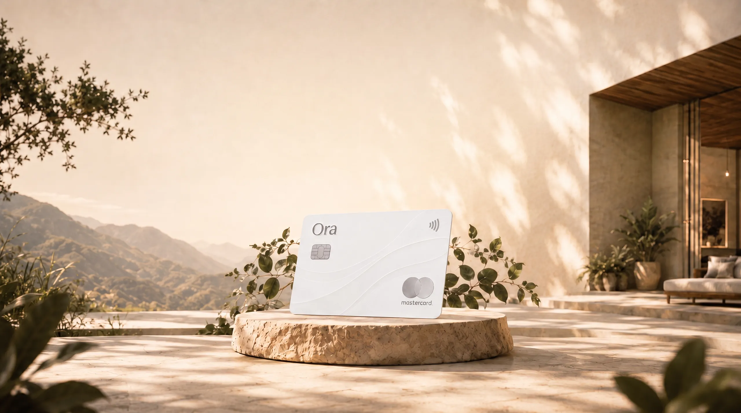 A white Ora Mastercard resting on a stone pedestal on a sunlit terrace, with olive branches and mountains in the distance