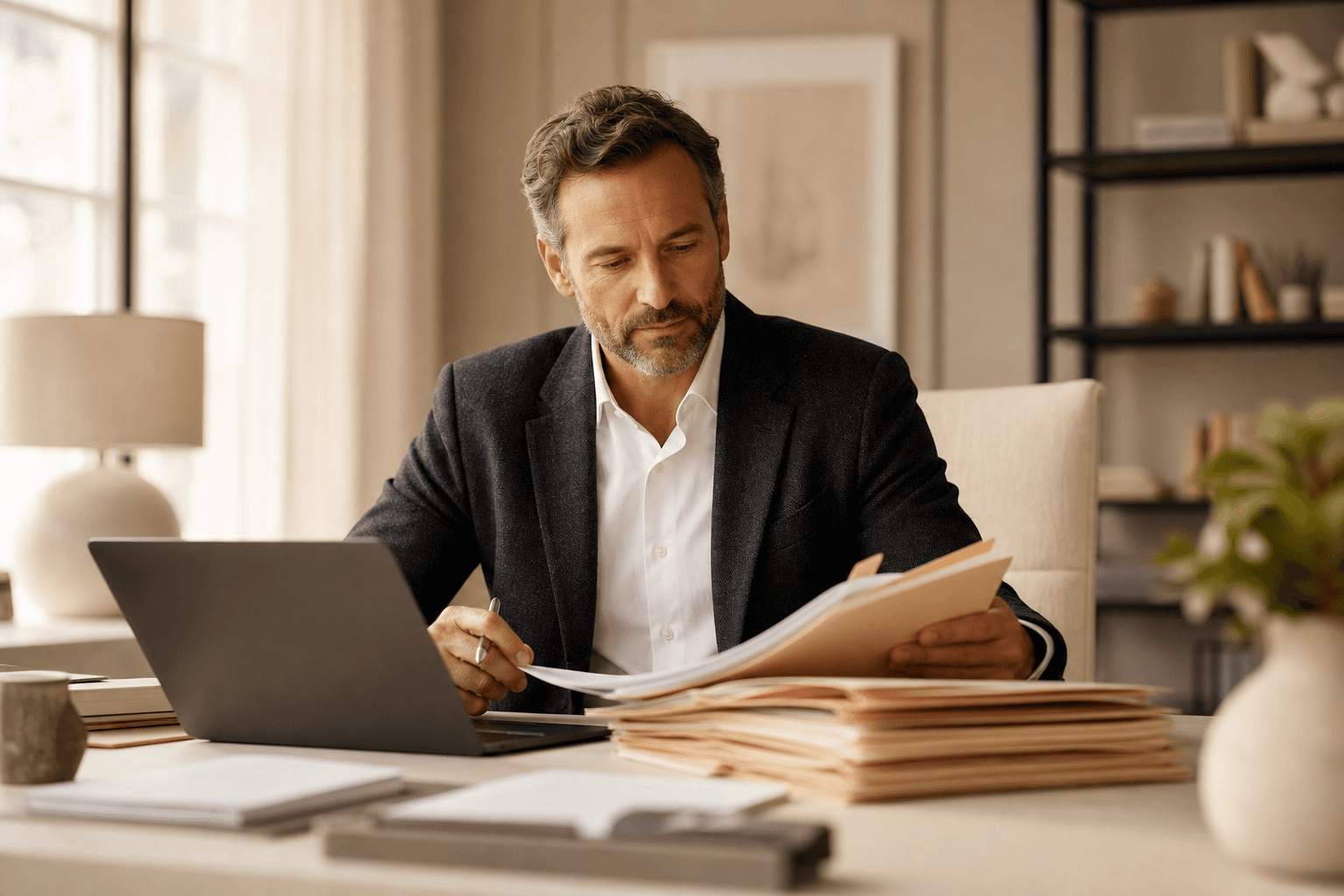 An advisor reviewing client periods and exports on a laptop in a calm office