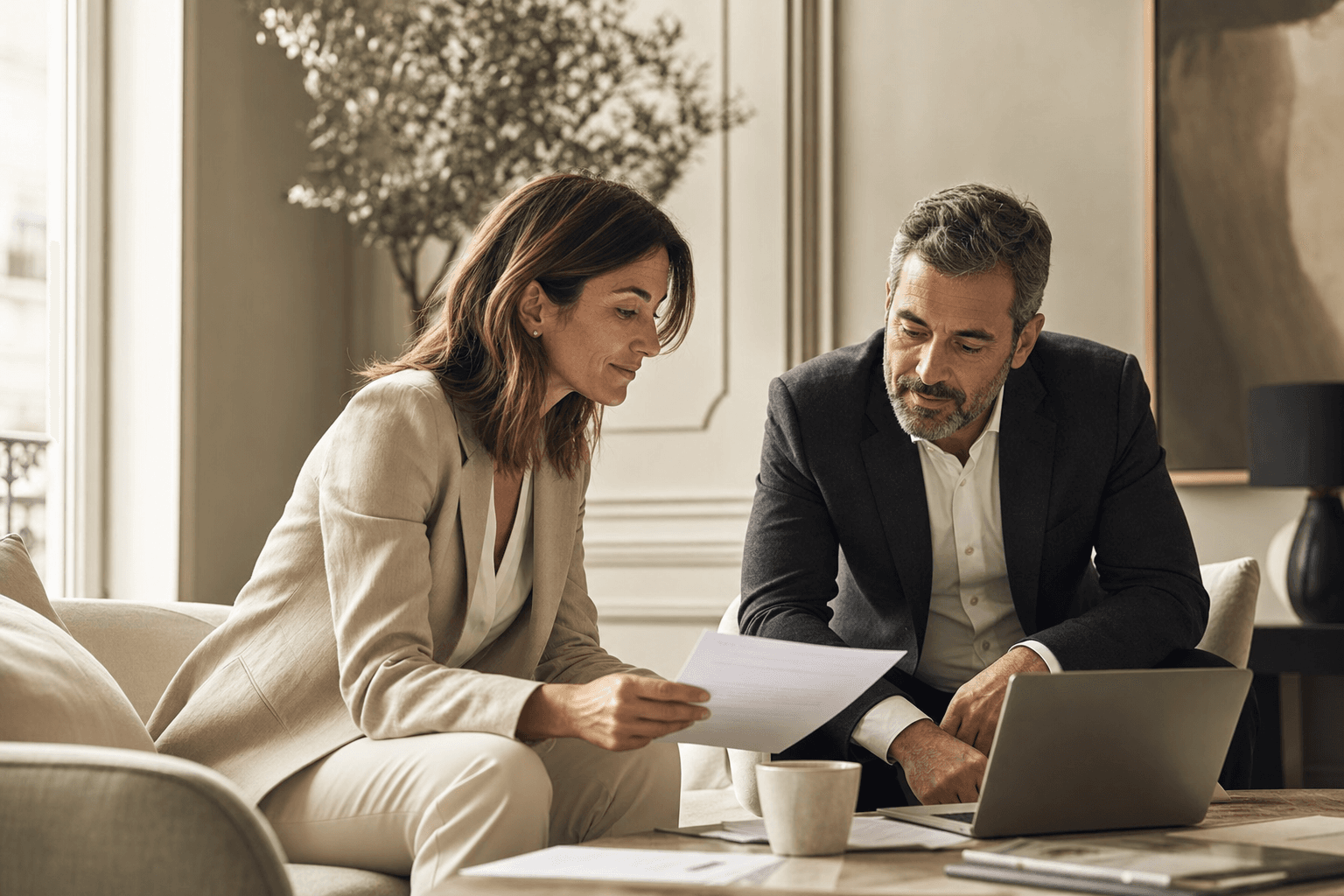 Consulting partners reviewing entity finances together in a calm office