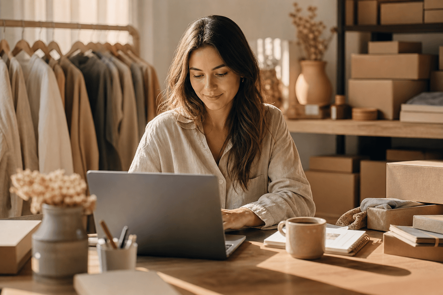 An ecommerce operator reviewing payouts and ad spend on a laptop in a calm workspace