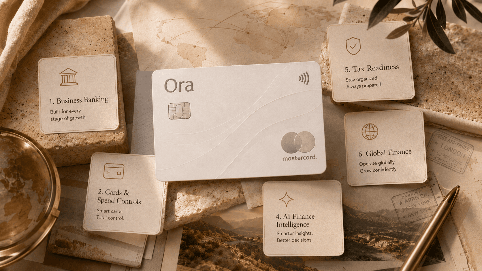 Ora card surrounded by printed pillar cards for business banking, spend controls, bill pay, AI finance intelligence, tax readiness, and global finance.