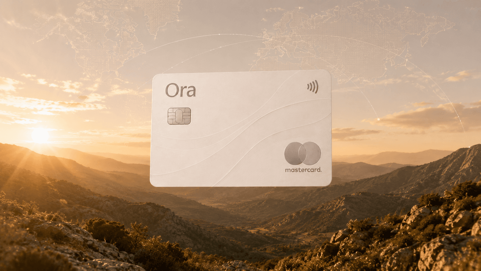 Ora card floating over a golden global landscape with world map lines and orbital arcs representing premium business banking and global finance.