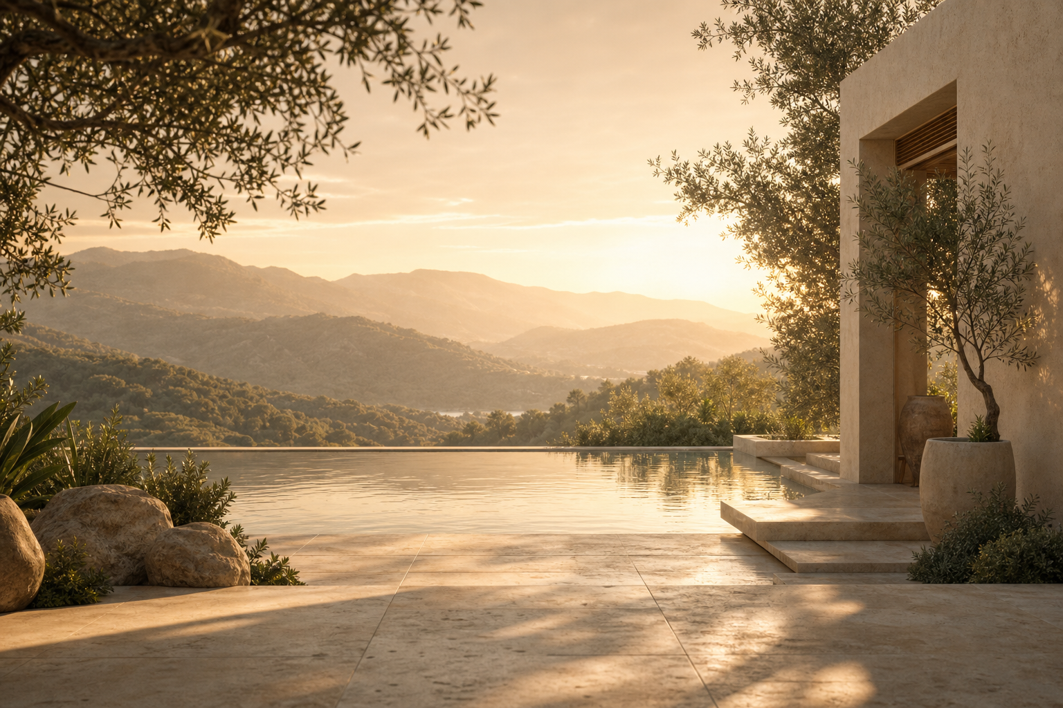 A still infinity pool on a travertine terrace at golden hour overlooking a mountain valley