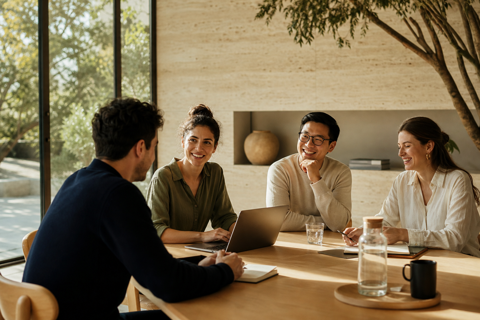 The Ora team in conversation around a table in a light-filled workspace