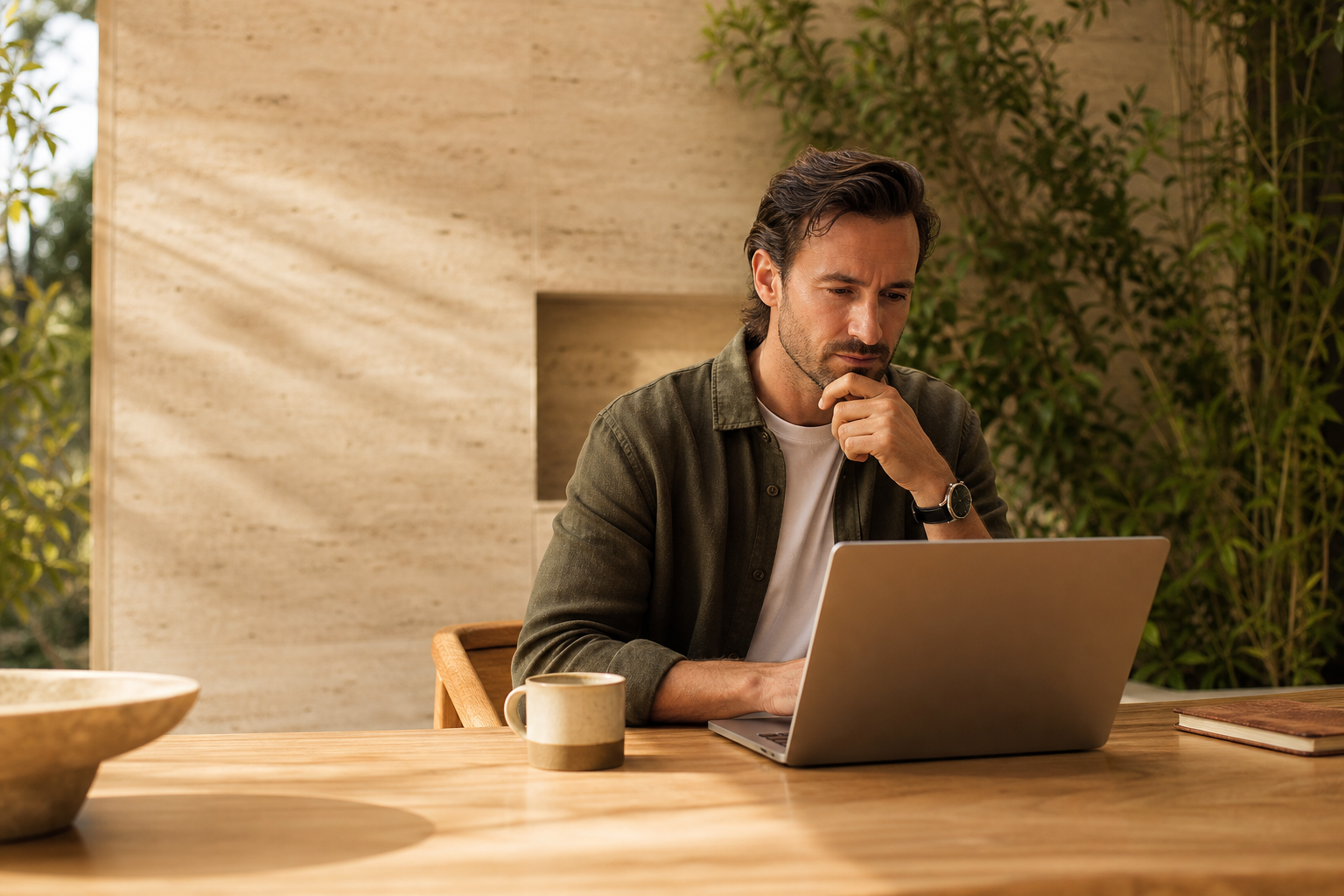 An operator reviewing finances calmly on a laptop in a sunlit room