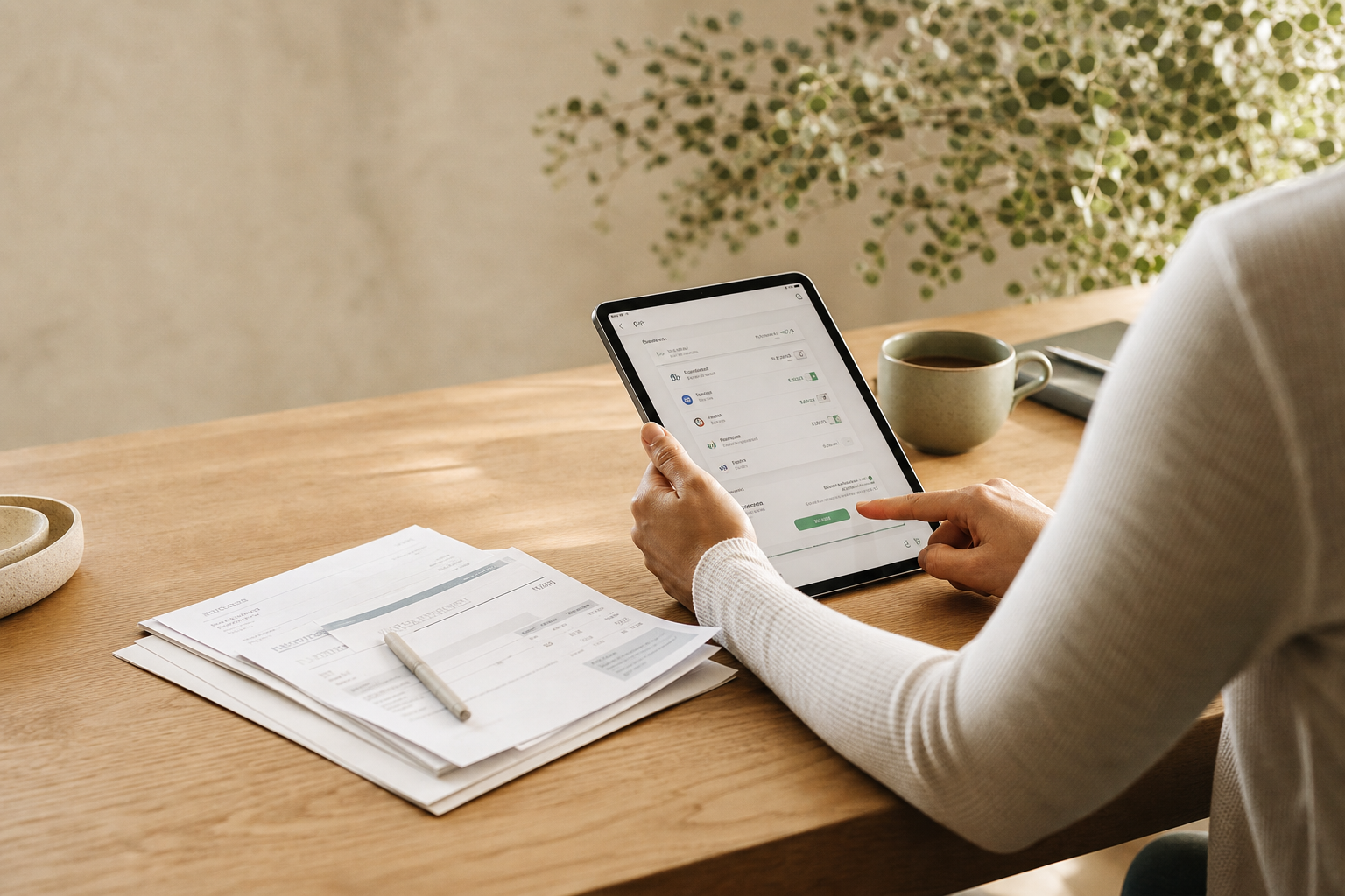 Reviewing and approving bills on a tablet at a warm desk