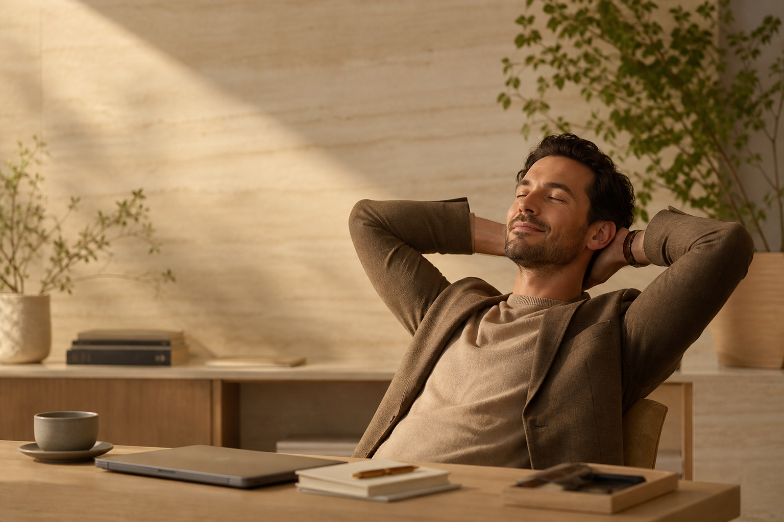 A finance professional relaxed at a tidy desk in golden afternoon light