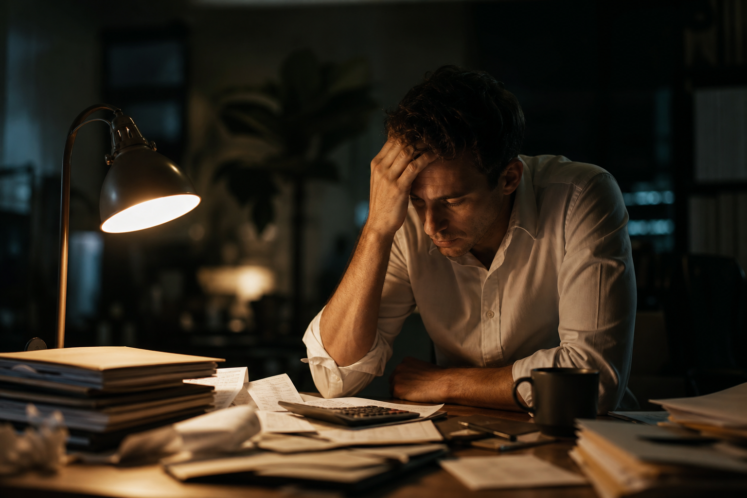 A finance professional at a paper-piled desk late at night during close
