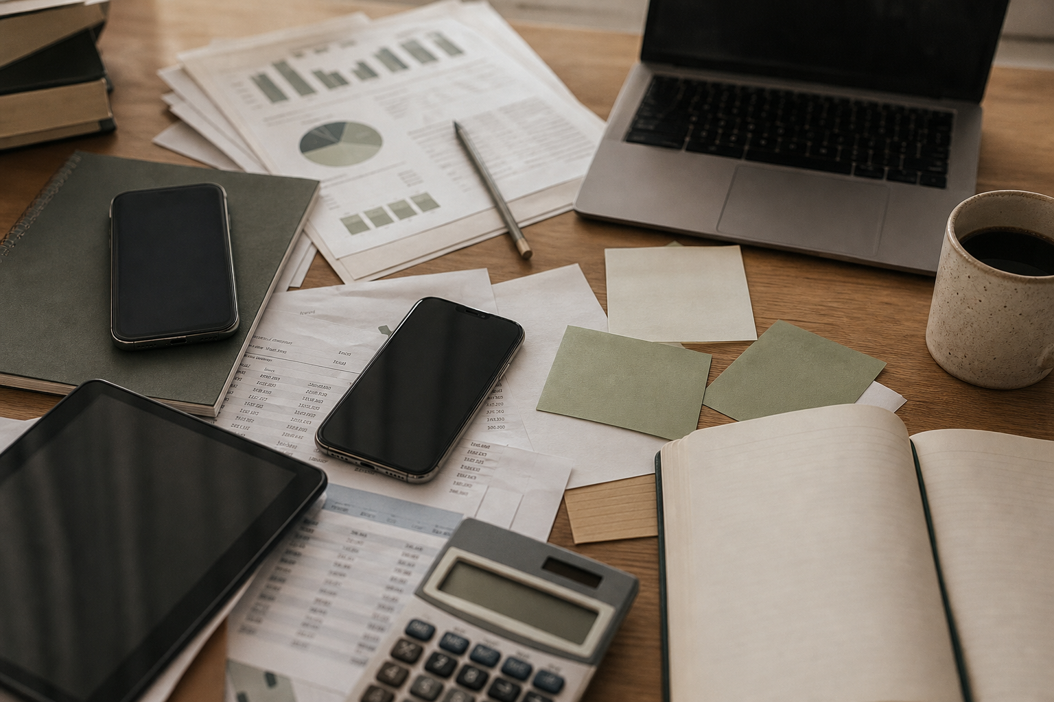 A desk cluttered with disconnected devices, reports, and sticky notes