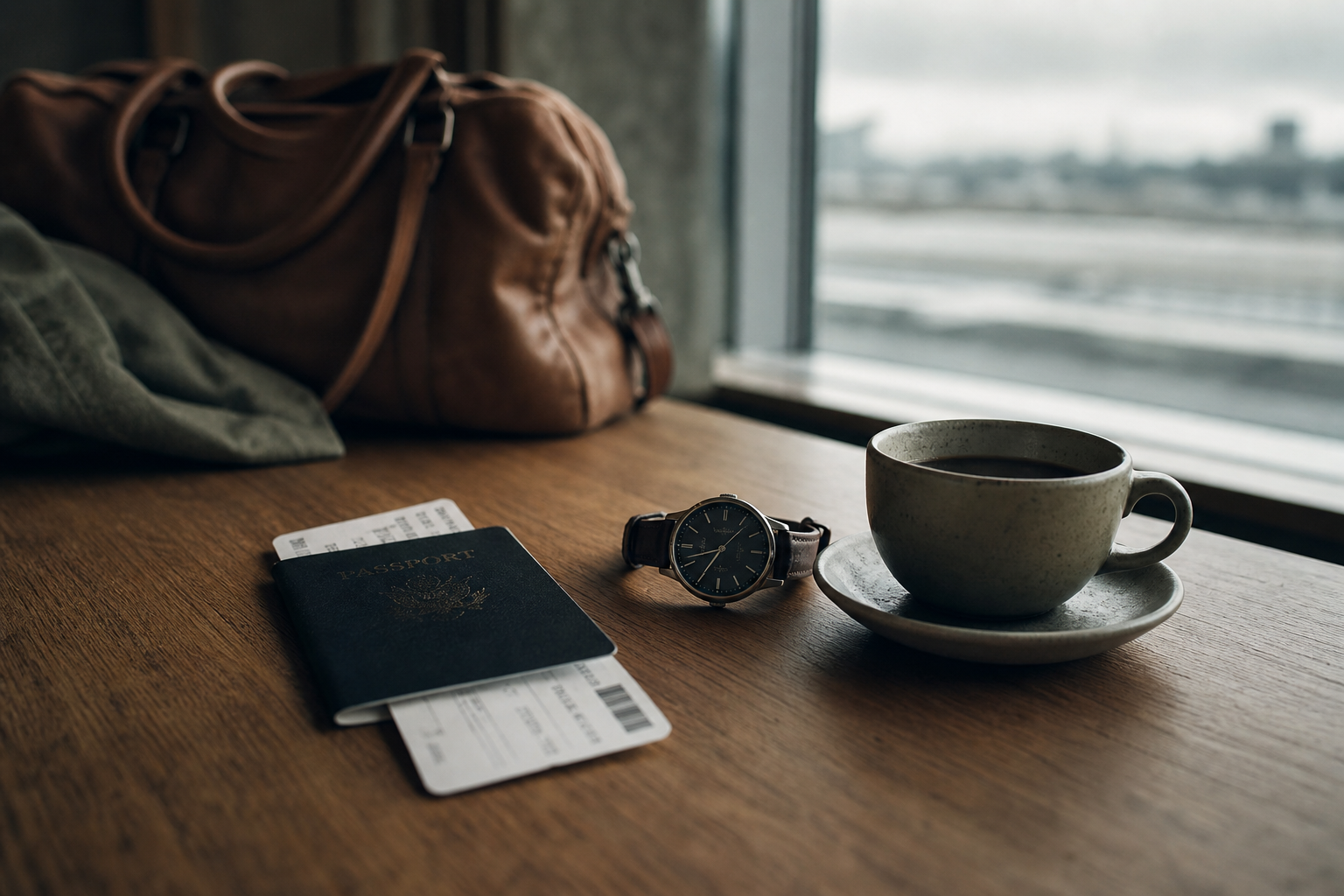 A passport, boarding pass, and watch on a table while a transfer is delayed