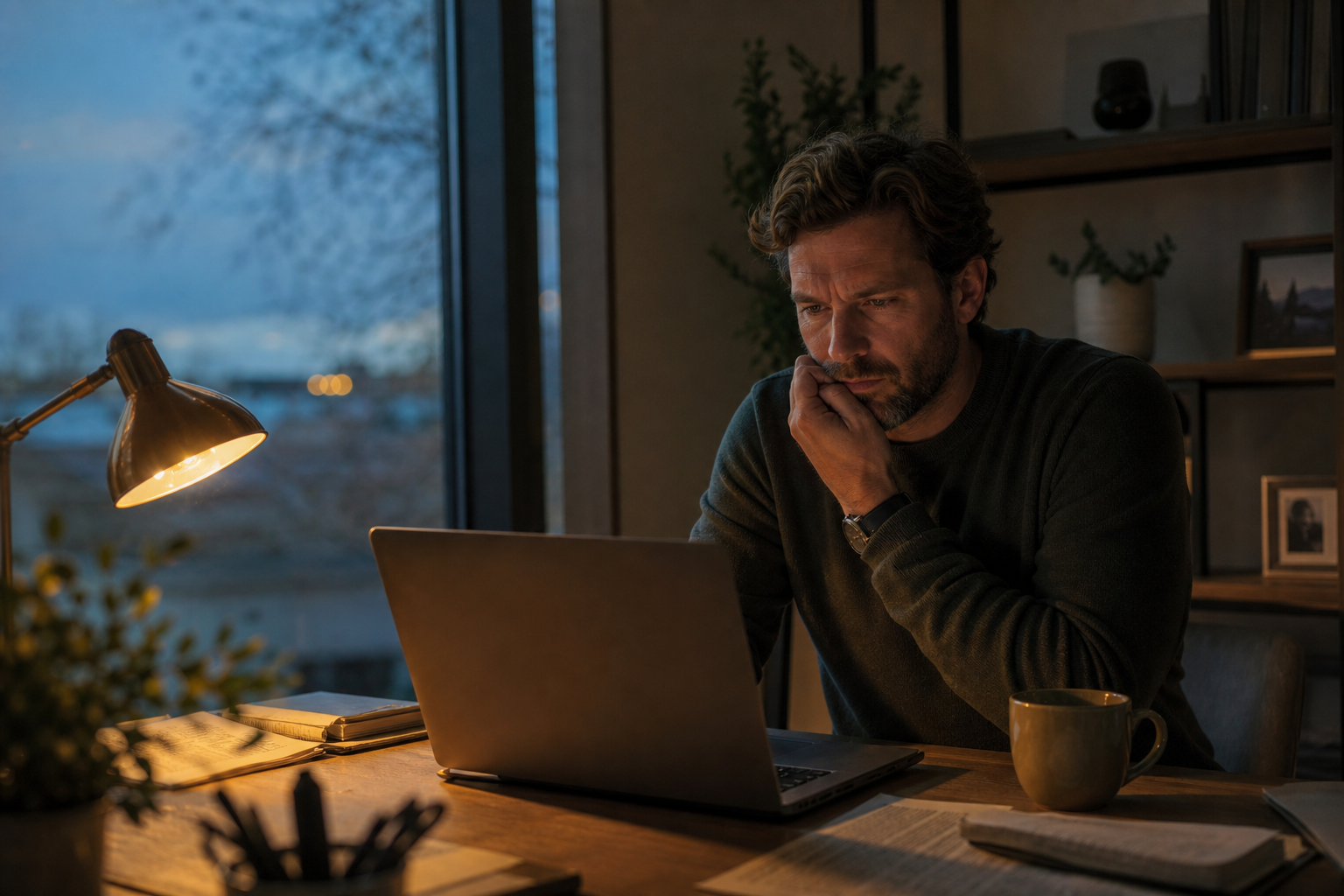 An operator reviewing day-old numbers by lamplight at dusk