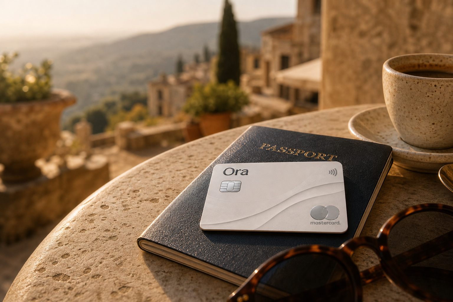 An Ora card and passport on a sunlit Mediterranean terrace table