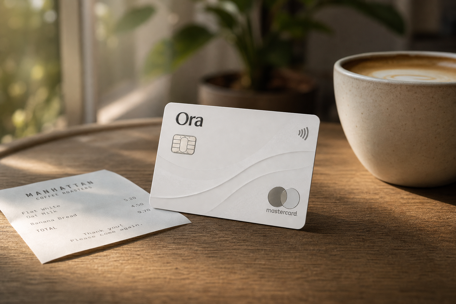 An Ora card on a warm café counter beside a receipt and coffee