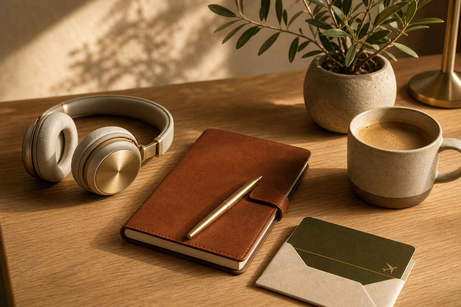 A curated set of premium partner perks arranged on a warm desk