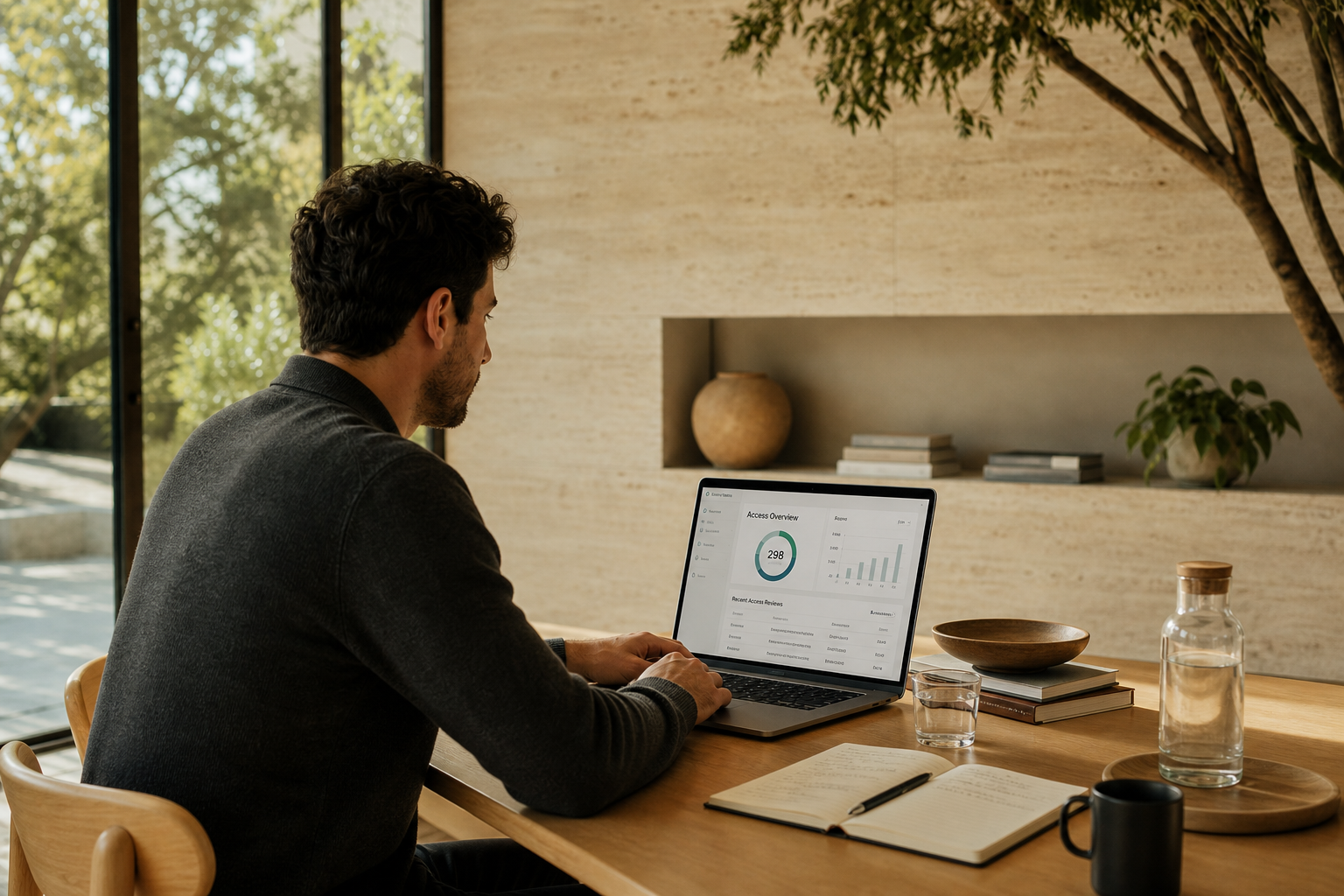 A finance leader calmly reviewing an access-control dashboard in a sunlit office