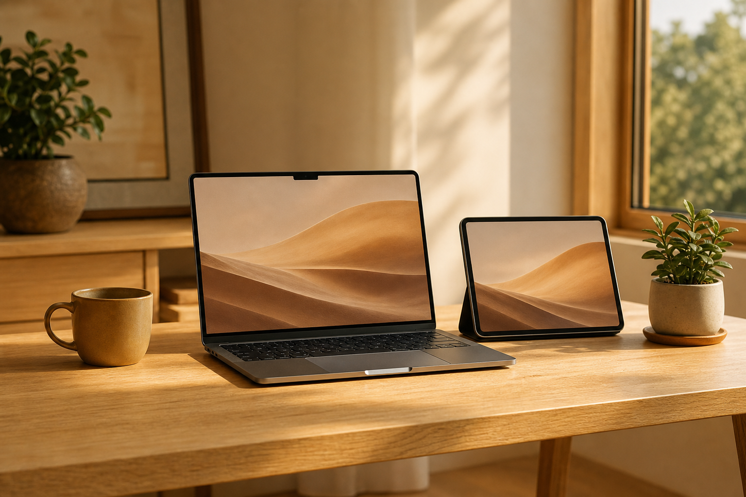 A laptop and tablet working cleanly side by side on a warm desk