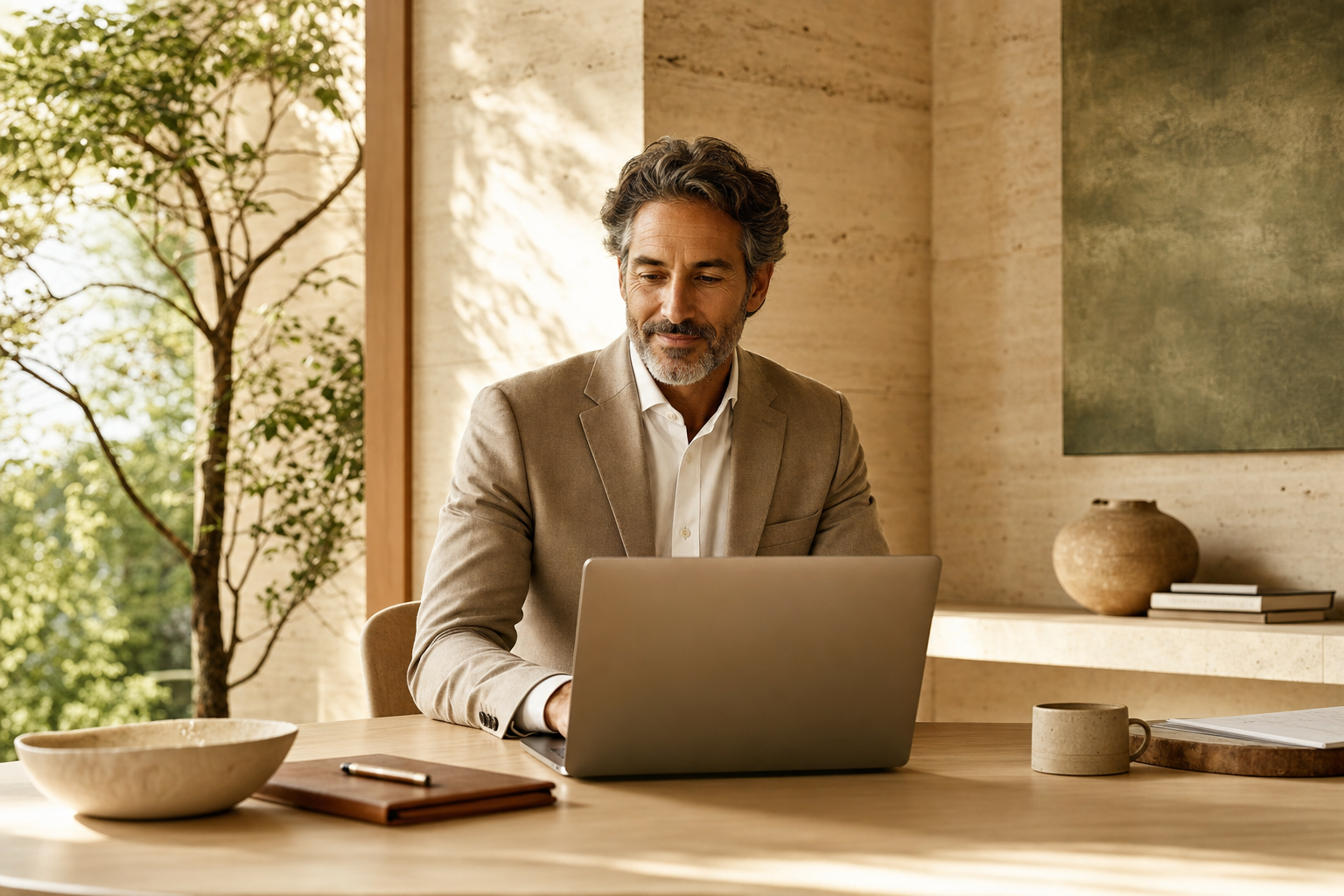 An operator making a confident, clear decision at a sunlit desk