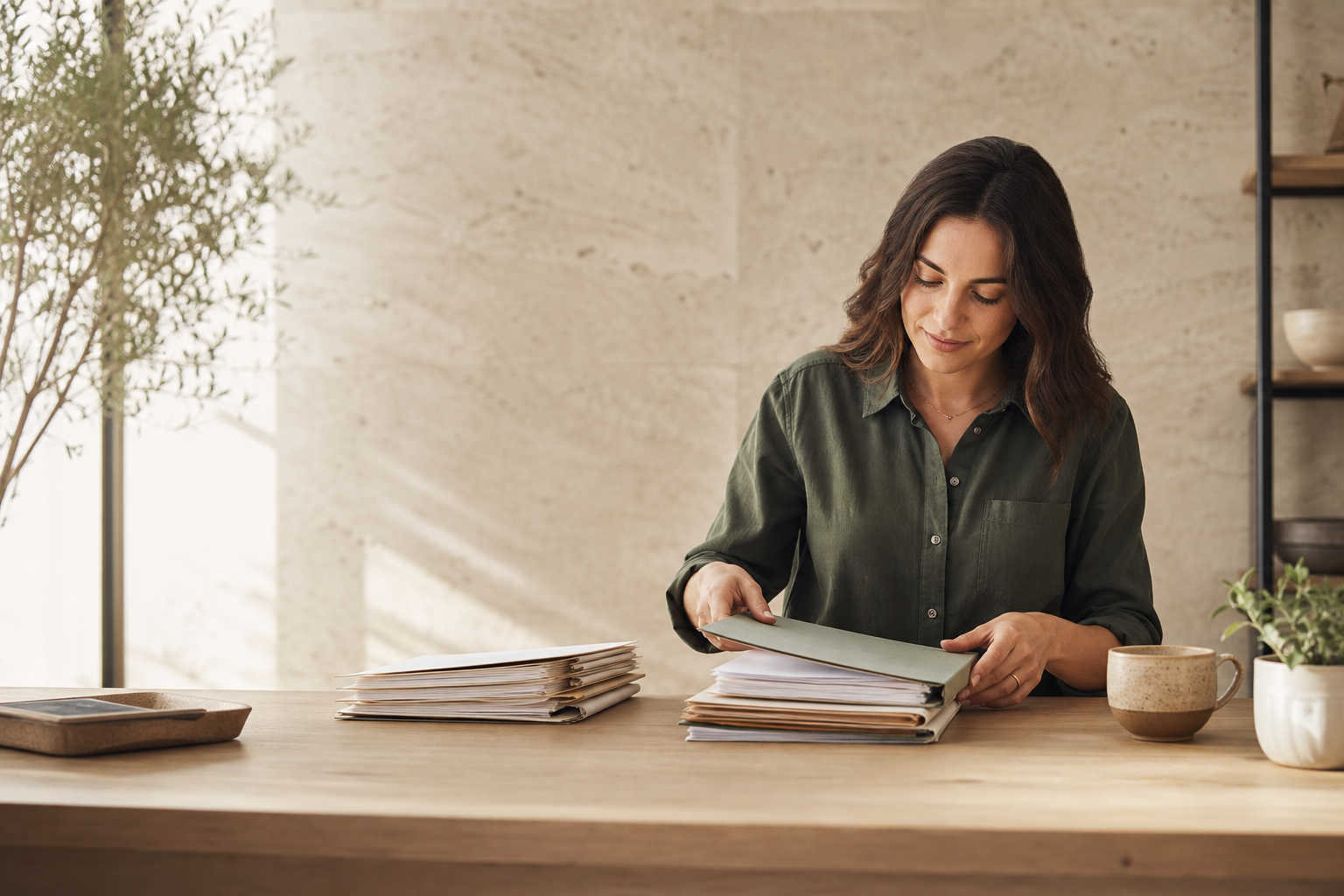 Organized tax documents and folders on a warm oak desk