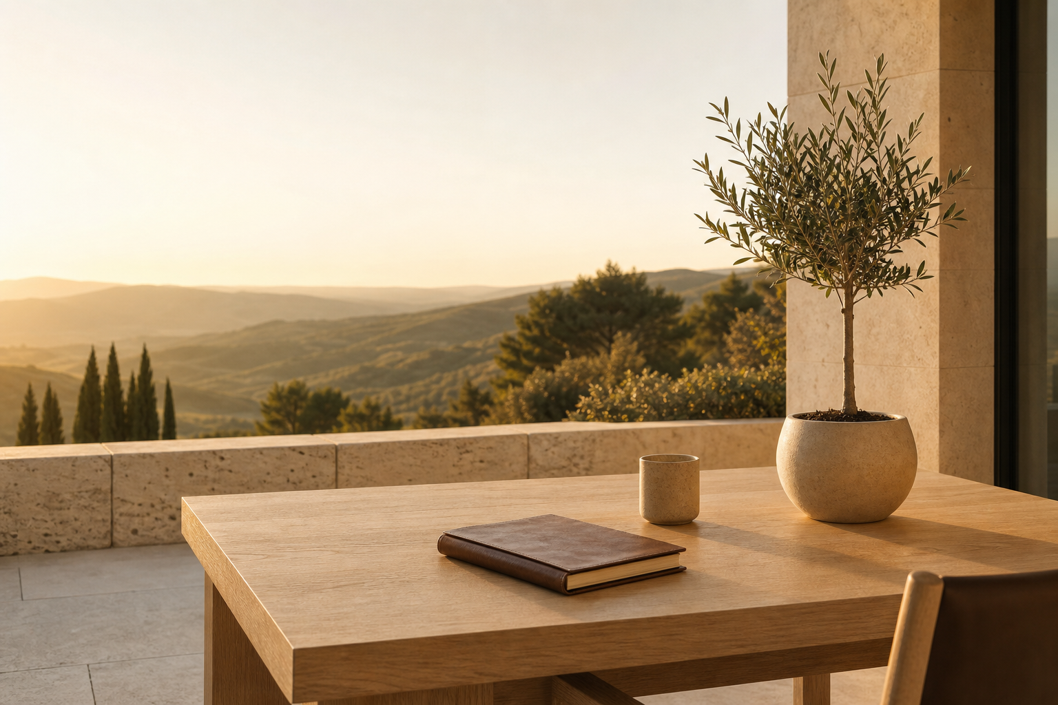 A calm terrace workspace overlooking golden hills at sunset