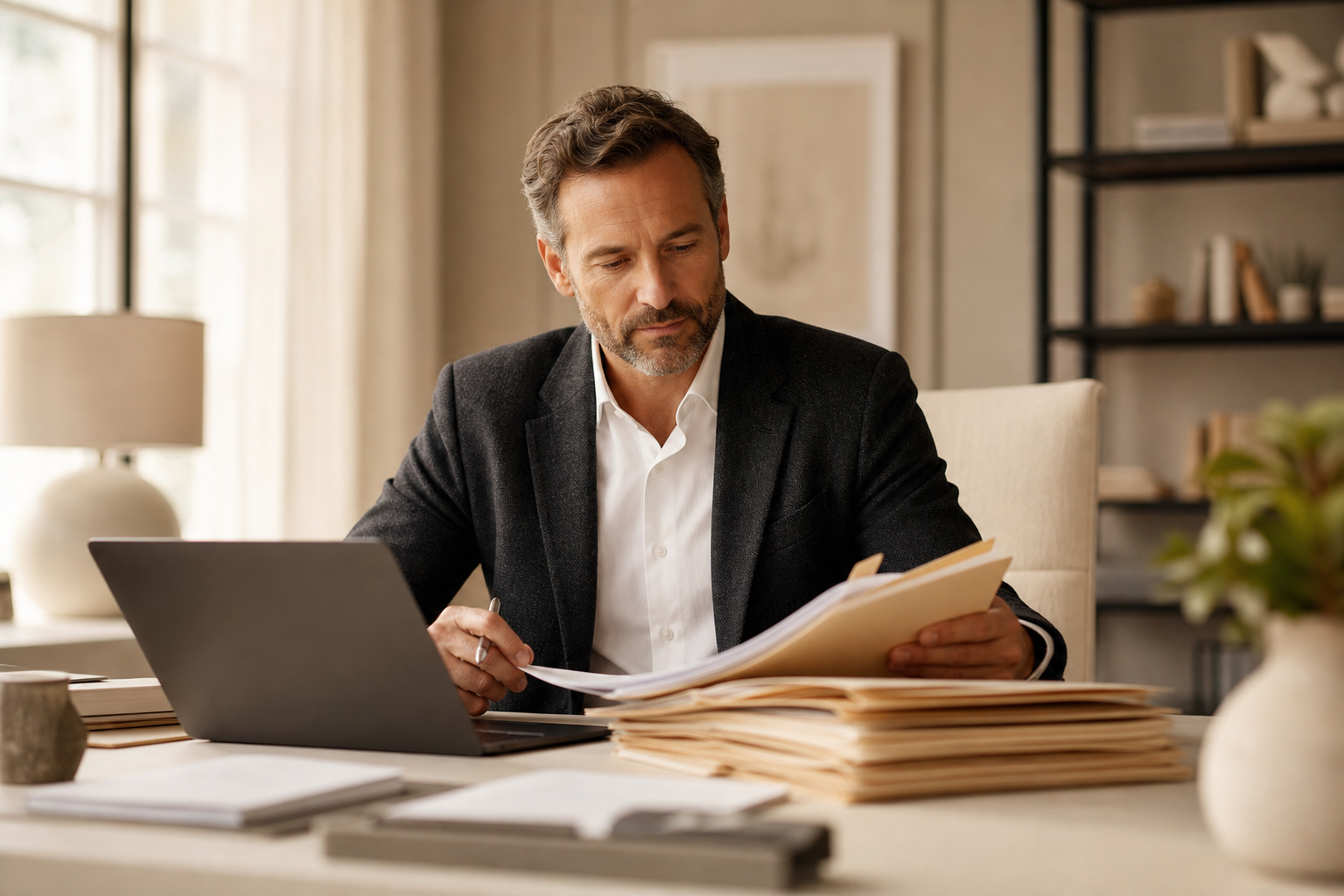 An advisor reviewing client periods and exports on a laptop in a calm office