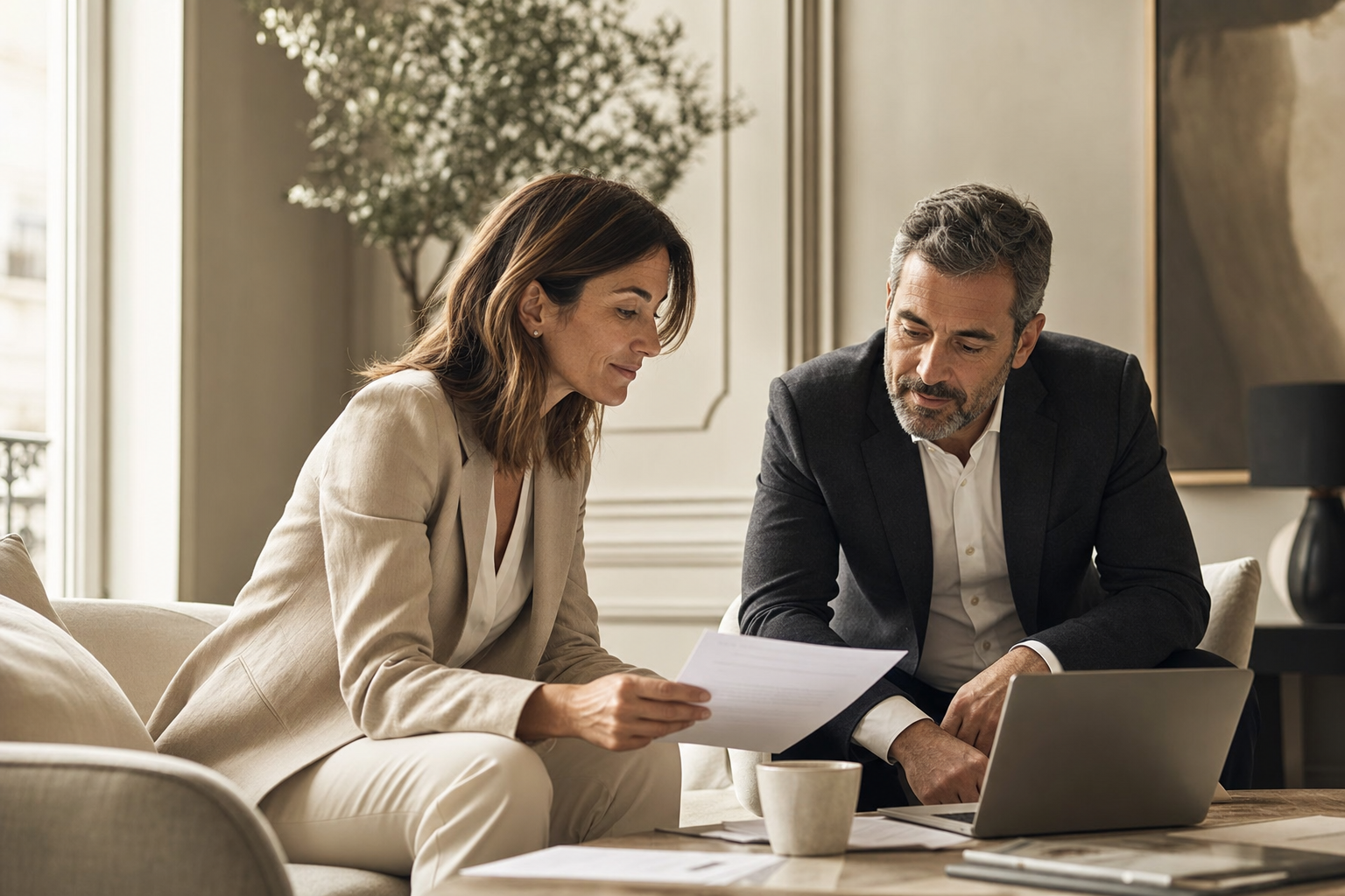 Consulting partners reviewing entity finances together in a calm office