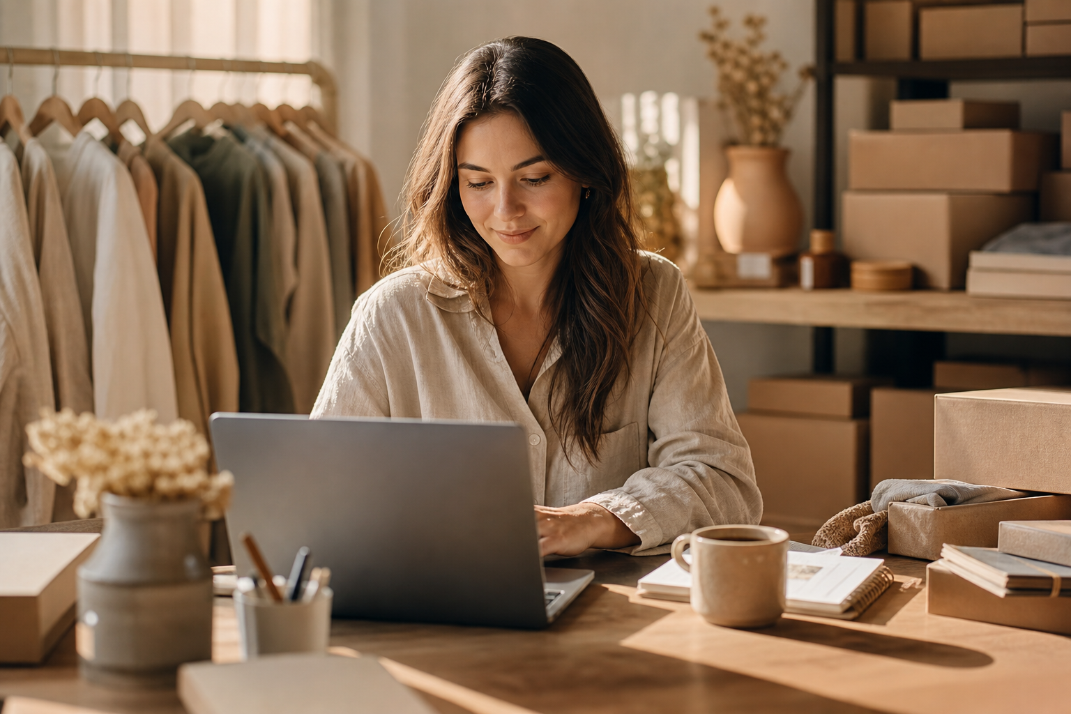 An ecommerce operator reviewing payouts and ad spend on a laptop in a calm workspace