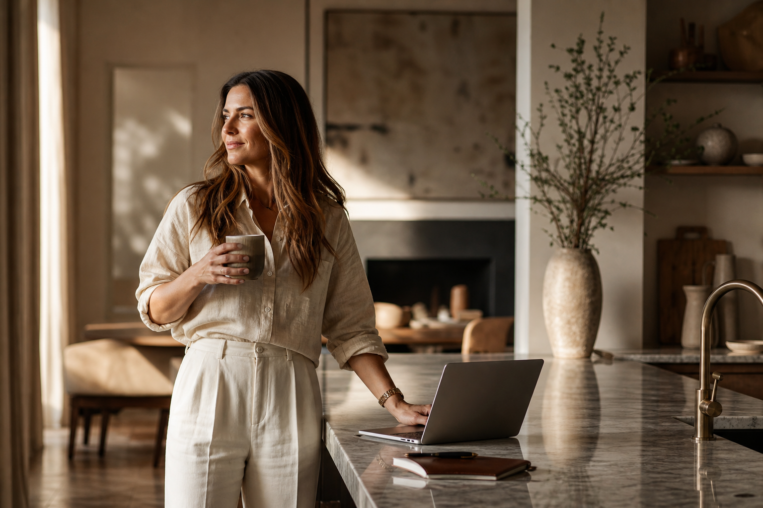 A founder reviewing the full financial picture on a laptop at a calm, sunlit desk