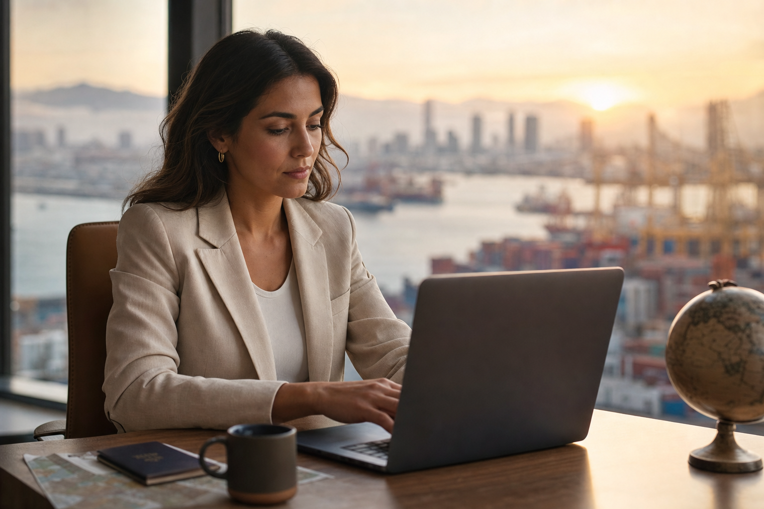An operator managing international payments and currencies on a laptop while traveling