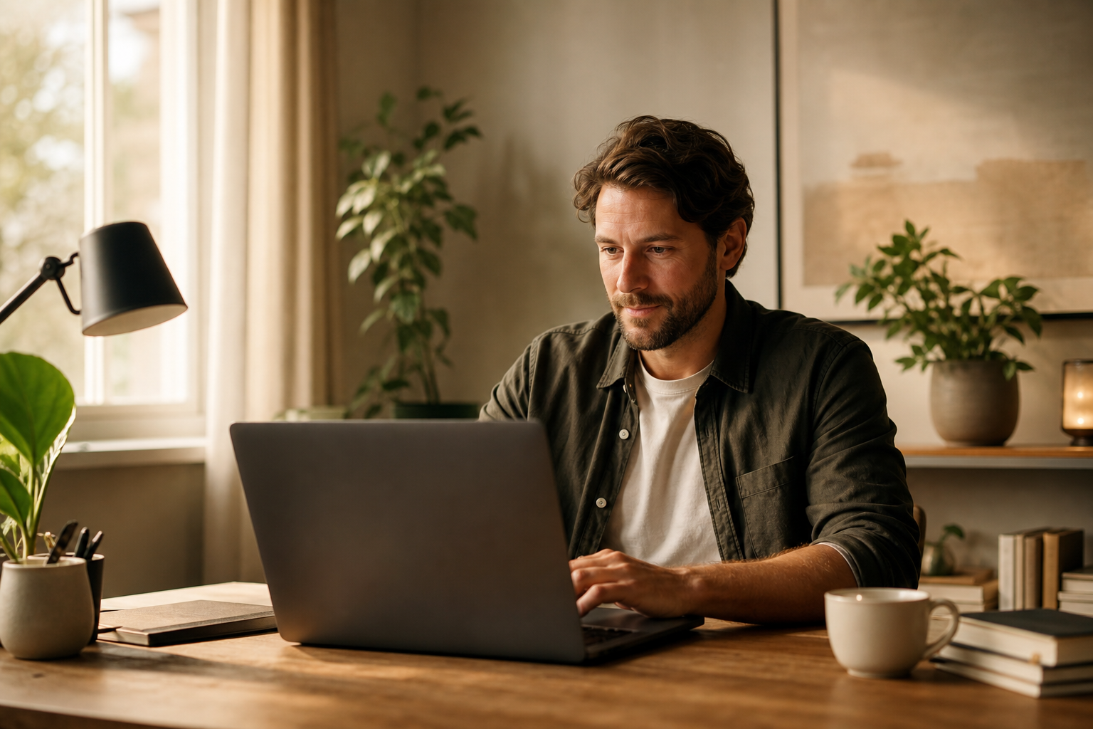 A distributed team collaborating remotely in calm, sunlit home offices