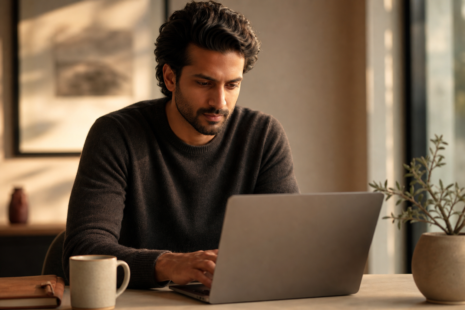 A founder reviewing runway and cash on a laptop in a calm, sunlit workspace